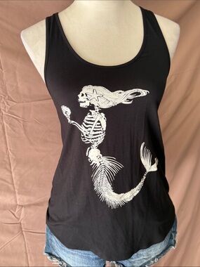NWOT Bear Dance Black Tank Top with White Mermaid Skeleton Graphic SMALL